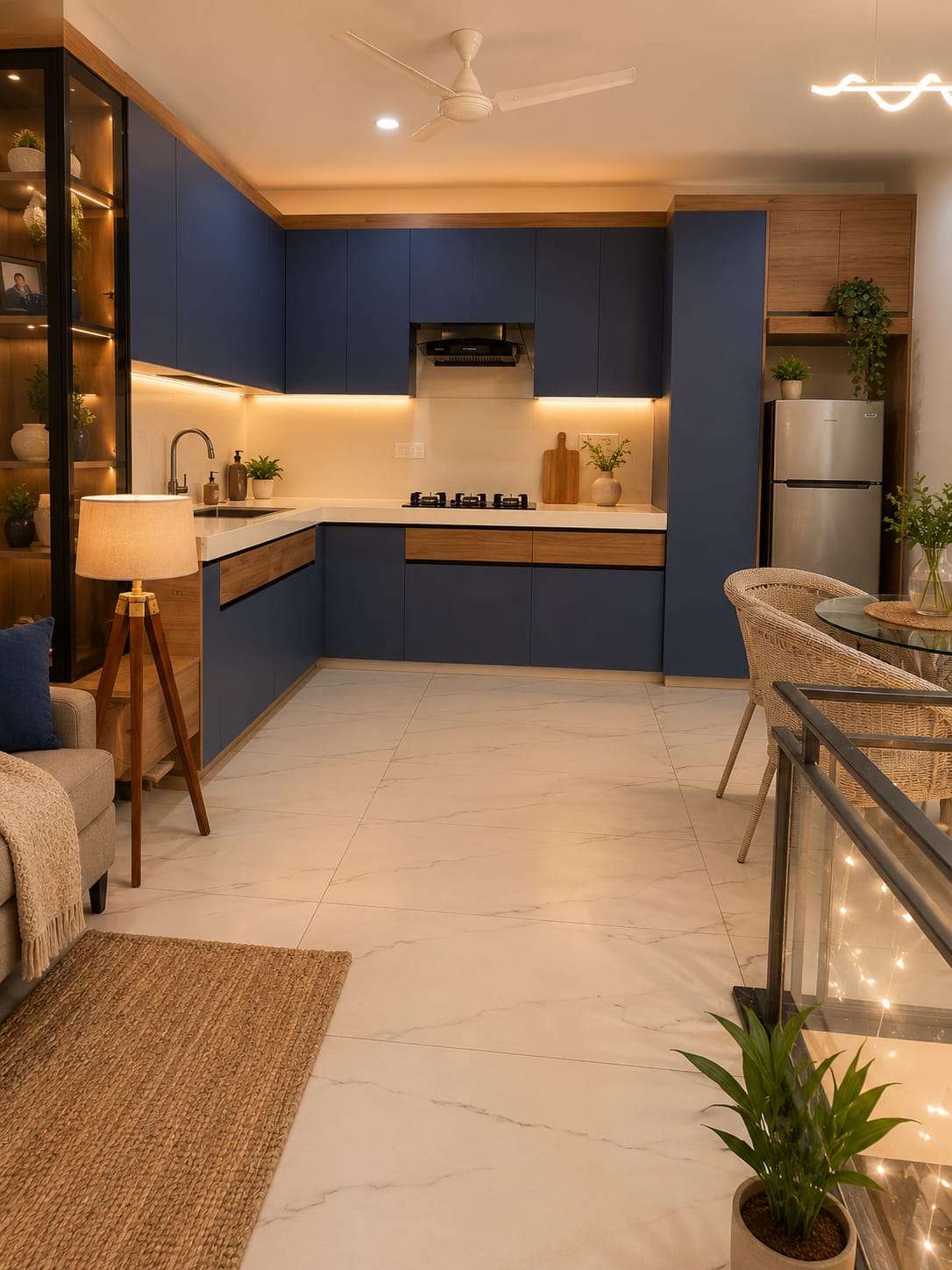Blue modular kitchen with dining and lounge